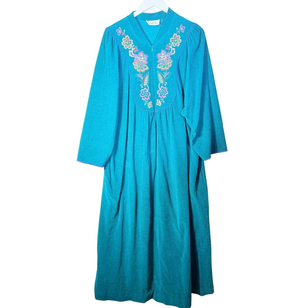 Vintage Vanity Fair Full Length Embroidered  Zip Up Housecoat Gown w pockets XL